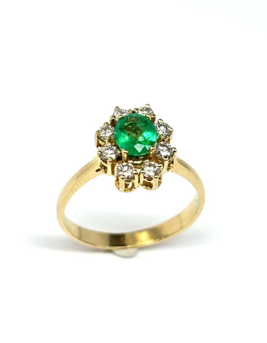 Bague 55.5 Bague rosette contemporaine en or jaune avec une émeraude de 0,6 ct AA+ et des diamants de 0,32 ct 58 Facettes E37