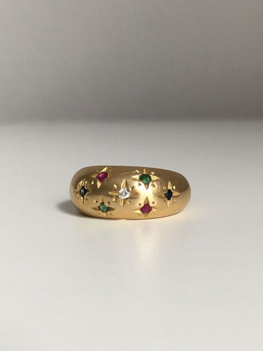 Bague 51 Bague boule en or jaune, diamant, rubis, saphirs, émeraudes 58 Facettes