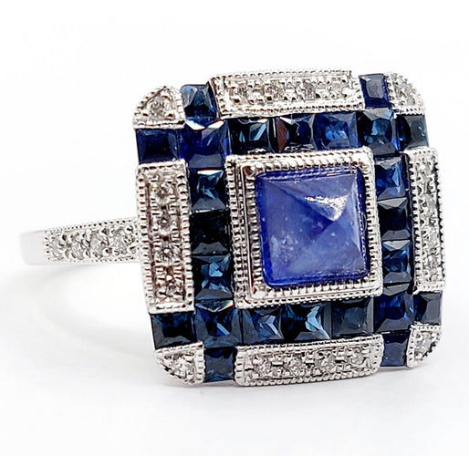 Bague Art Déco Platine, saphir pain de sucre et diamants, Branar Paris 58 Facettes A06224