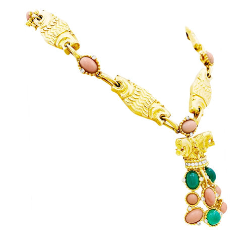 Boucles d'oreilles Demi-parure "Lions" transformable, or jaune, diamants, corail, chrysoprase. 58 Facettes 35286