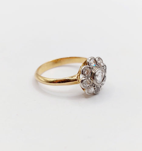 Bague 51 Bague marguerite antique en or 18k et platine, diamants taille rose 58 Facettes A06414