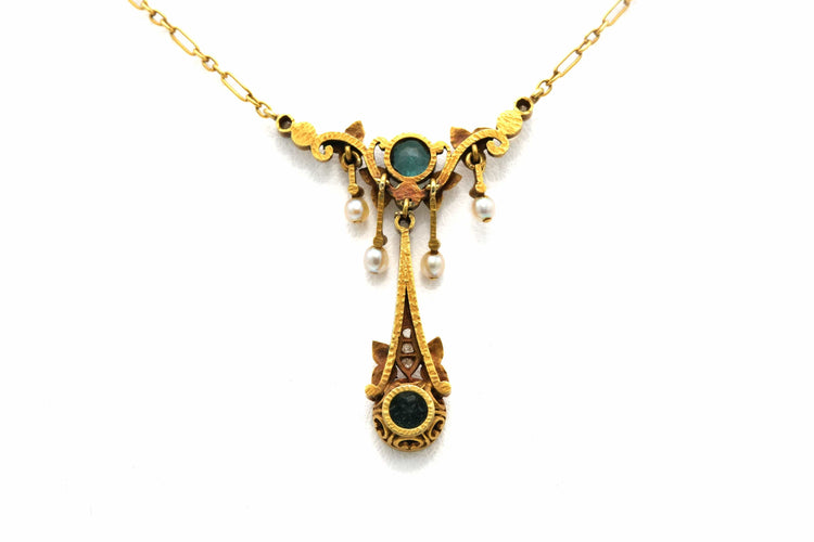 Collier Collier Art Nouveau tourmalines, perles et diamants taille rose en or jaune 18 carats 58 Facettes 22936