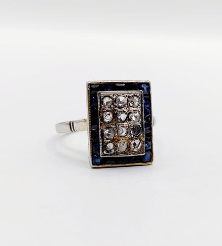 Bague marquise art deco or blanc 18k diamants et saphirs calibrés (circa 1920)