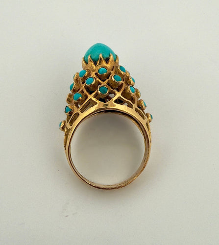 Bague ancienne en or jaune et turquoises