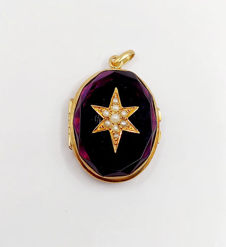 Pendentif Pendentif photo, reliquaire antique or jaune, verre violet et perle 58 Facettes A06193