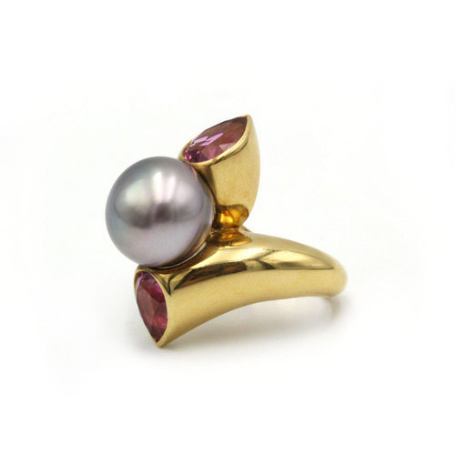 Bague 52 Bague or jaune 18K perle tourmalines roses 58 Facettes 1069