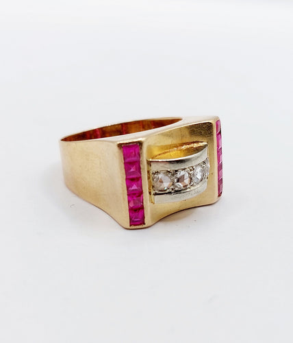 Bague 52 Bague tank Art déco en or rose 18k avec diamants et rubis synthétiques 58 Facettes A06536