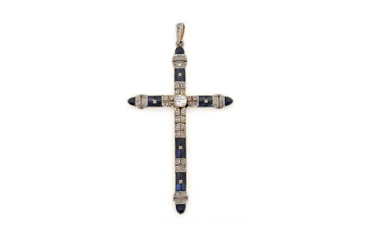 Pendentif Pendentif croix ancien en or 14k et platine, saphirs et diamants 58 Facettes 11771