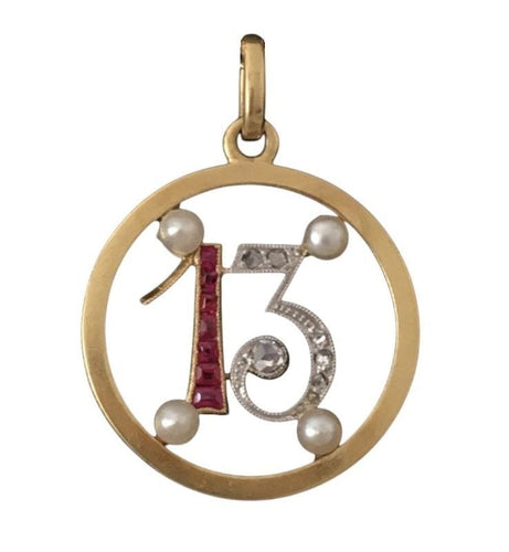Pendentif Art Déco porte bonheur 13 or jaune, platine