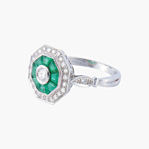 Bague style Art Déco Diamants Emeraudes