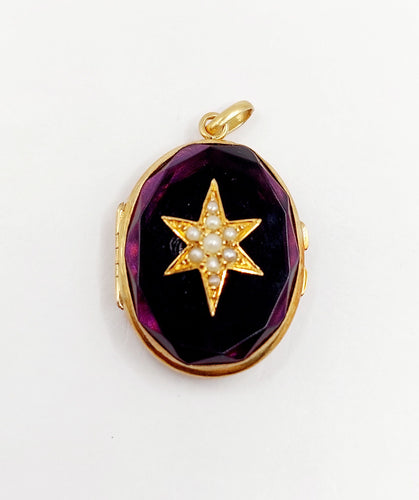 Pendentif Pendentif photo, reliquaire antique or jaune, verre violet et perle 58 Facettes A06193