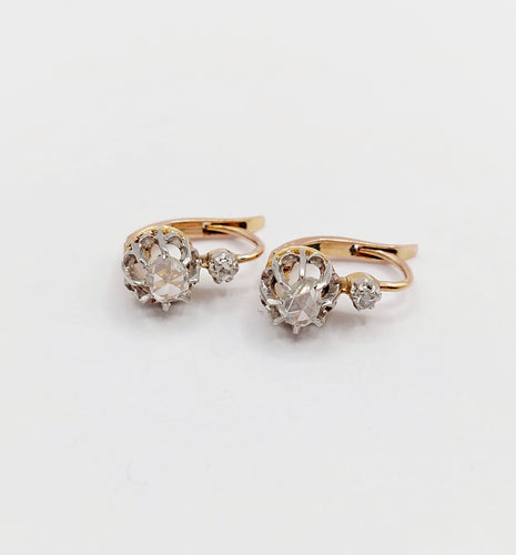 Boucles d'oreilles Dormeuses antiques en or rose 18k et diamants taille rose 58 Facettes A06338
