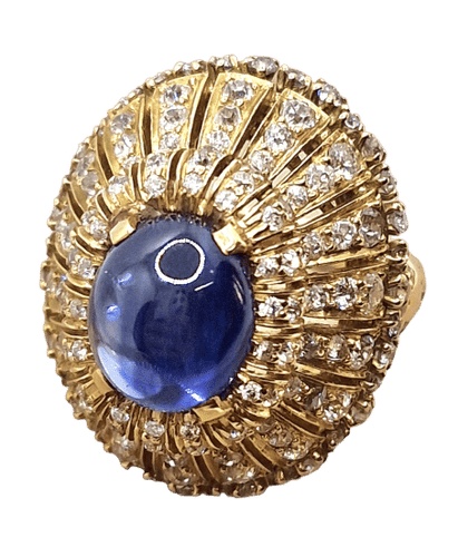 Bague vintage style trombino avec diamants saphir cabochon en or jaune 18 carats