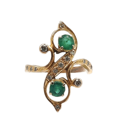 Bague 52 Bague Toi & Moi en or jaune ornée de deux émeraudes et torsadée de diamants 58 Facettes