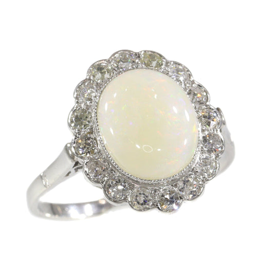 Bague 57 Bague de fiançailles vintage en platine avec diamants et opales 58 Facettes 21019-0035