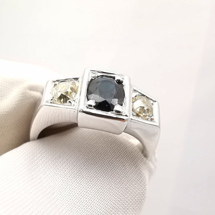 Bague ancienne or blanc saphir diamants