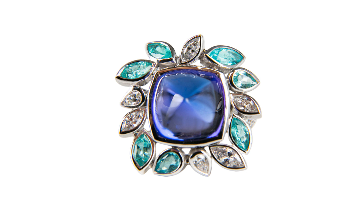 Bague Précieuse or blanc, tanzanite, tourmalines paraiba