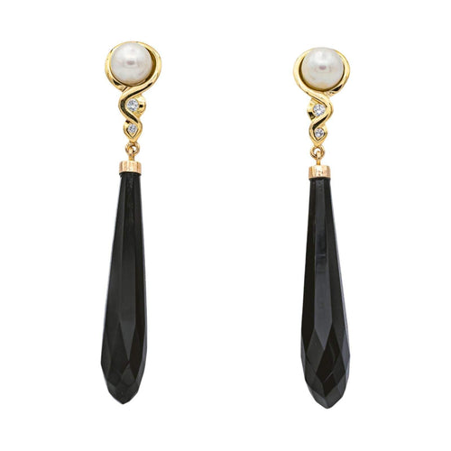 Boucles d'oreilles Boucles d'oreilles Pendantes Or jaune Perle de culture, Onyx, Diamant 58 Facettes 3853930RV