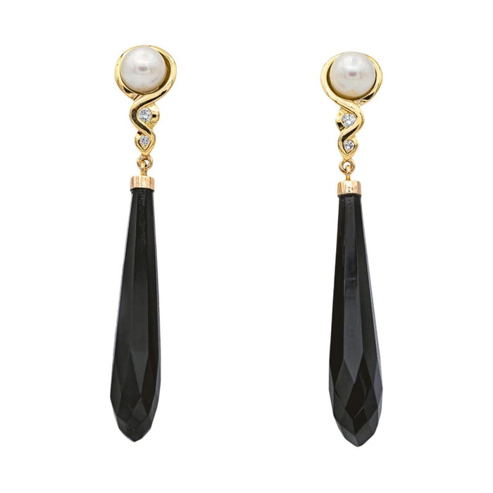 Boucles d'oreilles Pendantes Or jaune Perle de culture, Onyx, Diamant