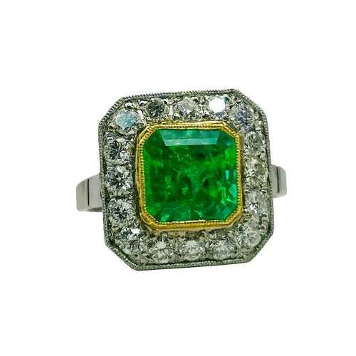 Bague 54 Bague en platine avec émeraude centrale et halo de diamants – Style vintage 58 Facettes 50329