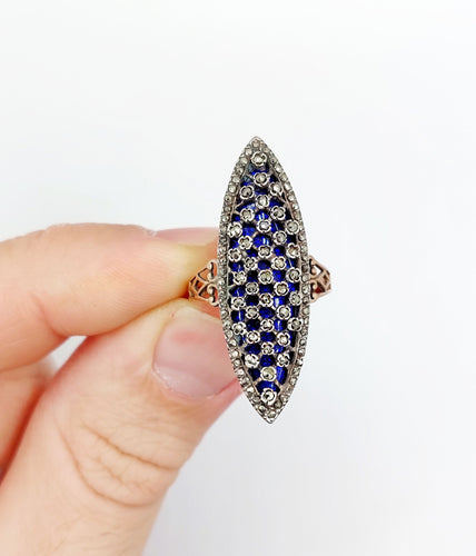Bague 55.5 Bague marquise « Au firmament » en or rose 18K, émail bleu et marcassite 58 Facettes A06380