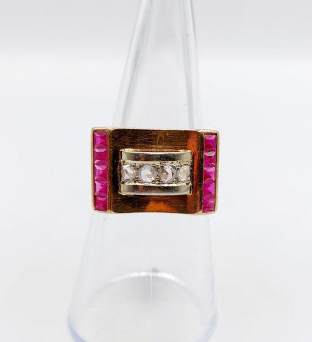 Bague 52 Bague tank Art déco en or rose 18k avec diamants et rubis synthétiques 58 Facettes A06536