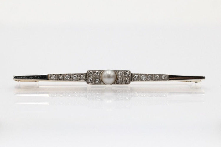 Brooch Art Deco oblong en or jaune 14k avec diamants et perle