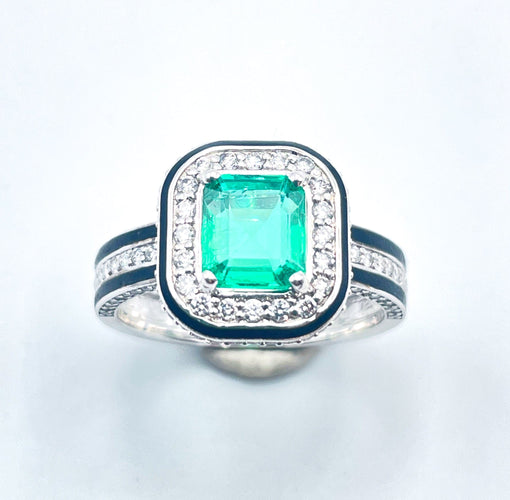 Bague 53 Bague Art déco émeraude 1,30 ct et diamants en or blanc 18 carats 58 Facettes