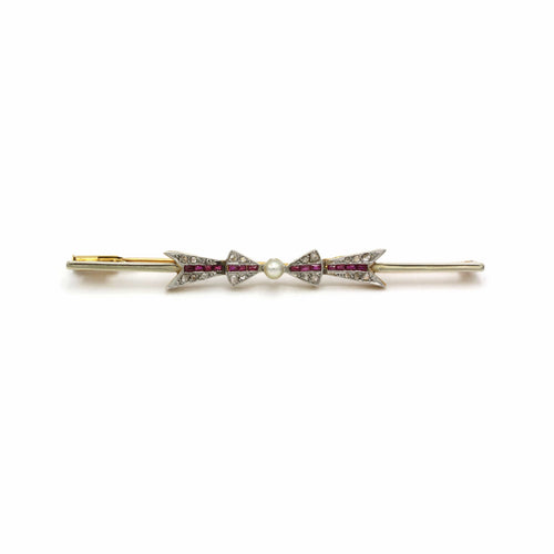 Broche Broche Art Déco Ruban - Or, Platine, Rubis, Perle et Diamants 58 Facettes 250379R
