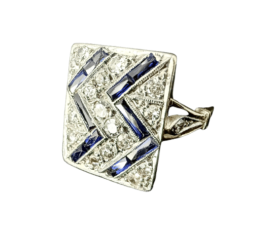Bague 56.5 Bague Art Déco deux ors, ornée de saphirs calibrés et brillants 58 Facettes