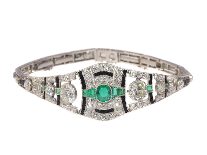 Bracelet Bracelet Art déco sophistiqué en platine : diamants, émeraudes et onyx 58 Facettes 20358-0165