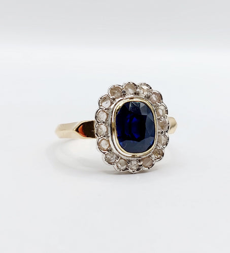 Bague 60 Bague pompadour Art Déco or et platine, saphir synthétique de 3,00 carats, diamants taille rose (circa 1920) 58 Facettes A04827