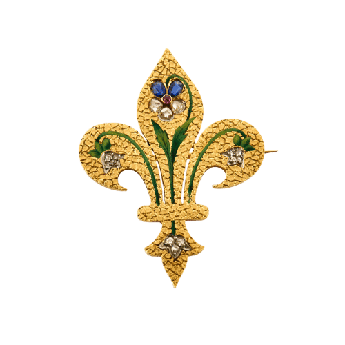 Broche Broche fleur de Lys, or jaune, émail, diamants, saphir et rubis 58 Facettes LIS1811