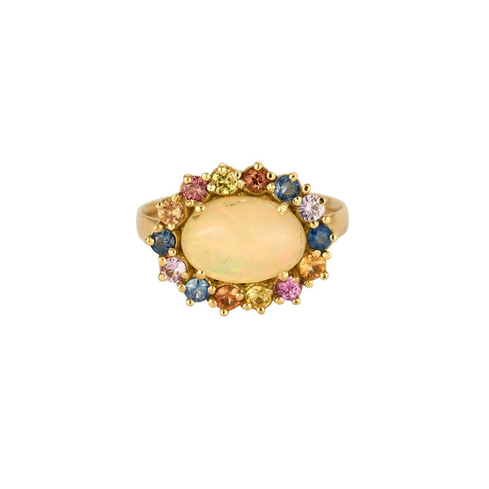 Bague or jaune, opale 5cts, saphirs multicolores