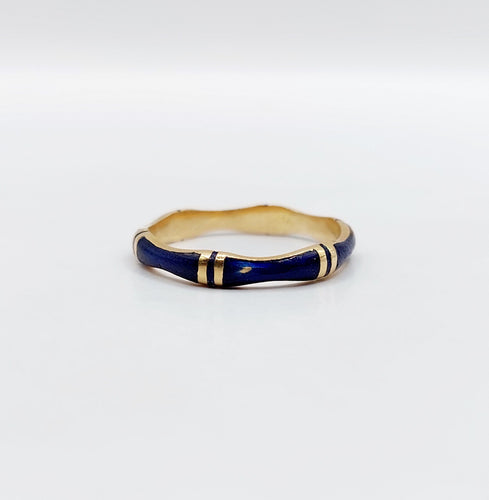 Bague jonc Alliance vintage or jaune et émail bleu