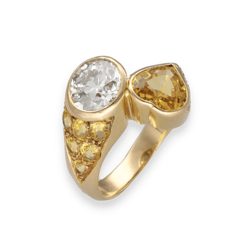 Bague 52-53 Bague Toi & Moi – Diamant 1,80 ct & Saphir Jaune Cœur 2,00 ct – Or Jaune 18k – Entourage Diamants & Saphirs – Taille 52–53 58 Facettes FB11196
