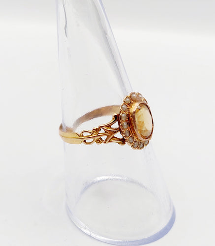 Bague marguerite antique citrine et perles en or rose 18k (circa 1900)