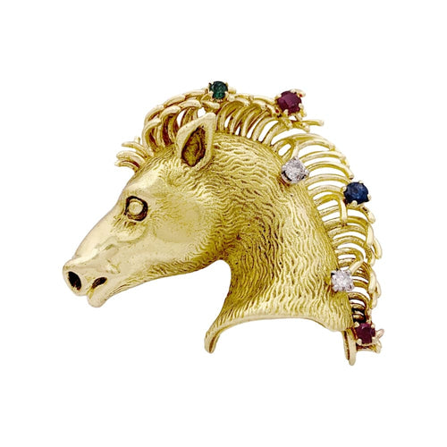 Broche Broche "protomée de cheval", or jaune, diamants, rubis, saphir et émeraude. 58 Facettes 35110
