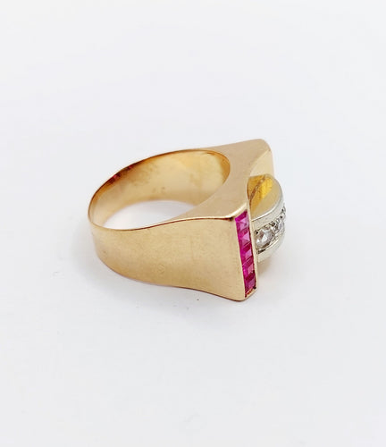 Bague 52 Bague tank Art déco en or rose 18k avec diamants et rubis synthétiques 58 Facettes A06536