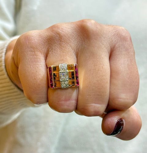 Bague 53 Bague tank en or 18 carats diamants et rubis 58 Facettes