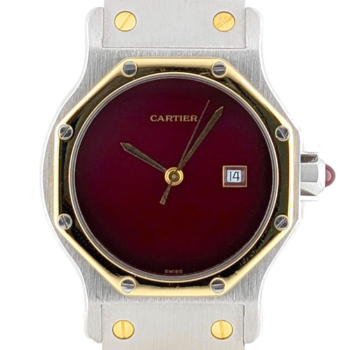 Montre Cartier Santos RARE Santos Round Octagon Date 2966 Burgundy Red Ruby Large Octogonale Gold Stainless 58 Facettes