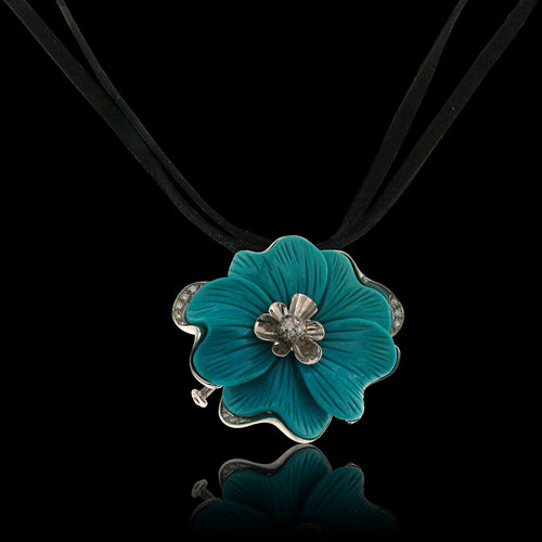 Pendentif Broche-Pendentif en or blanc, Turquoise « Rose » Iran, Diamants naturels 58 Facettes HG-200173
