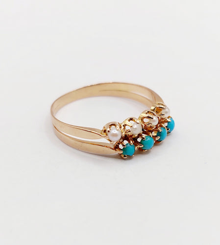 Bague 56.5 Bague antique or rose 18k perles et turquoises (circa 1900) 58 Facettes A05999