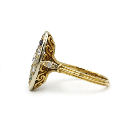 Bague 57 Bague - Or jaune diamants, émeraudes, saphirs et rubis. 58 Facettes 1034