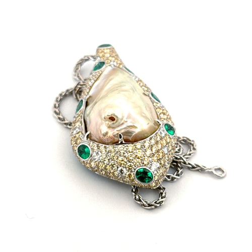 Collier Collier en or blanc , perle ( Mabe ) de Tahiti , émeraude et diamants naturels 58 Facettes