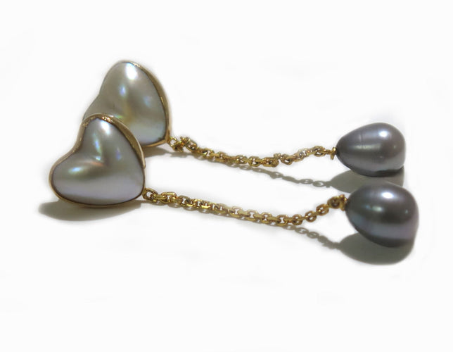 Boucles d’oreilles cœur en or jaune, nacres et perles 58 Facettes