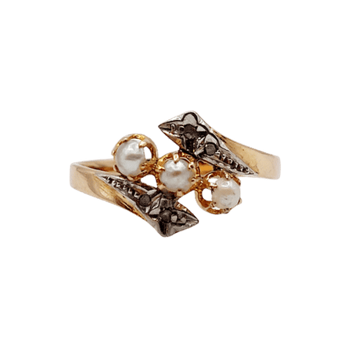 Bague antique perles et diamants taille rose en or rose 18k art nouveau