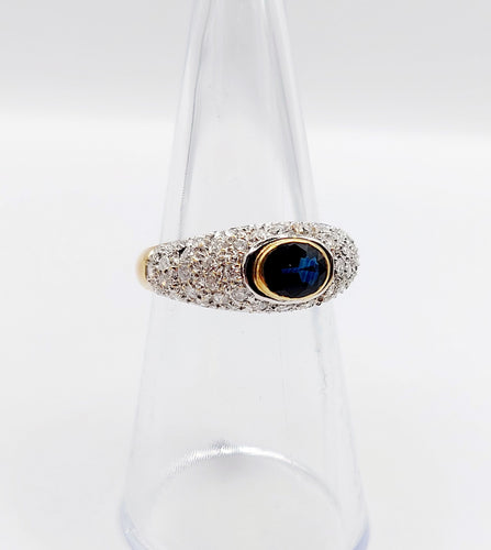 Bague jonc vintage or jaune 18k saphir naturel et pavé de diamant