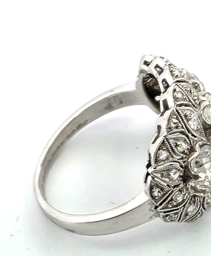 Bague 54 Splendide bague art déco en platine avec de gros diamants centraux et diamants environnants 58 Facettes