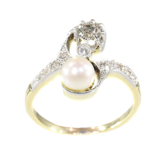 Bague 58 Belle Epoque diamond and pearl engagement ring model toi et moi 58 Facettes 20155-0500